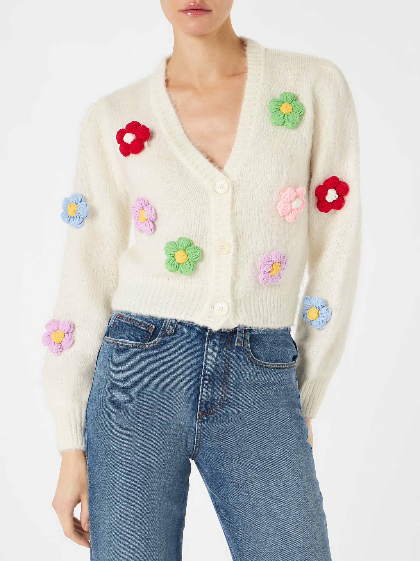 Gebürsteter, kurz geschnittener Damen-Cardigan mit Puffärmeln