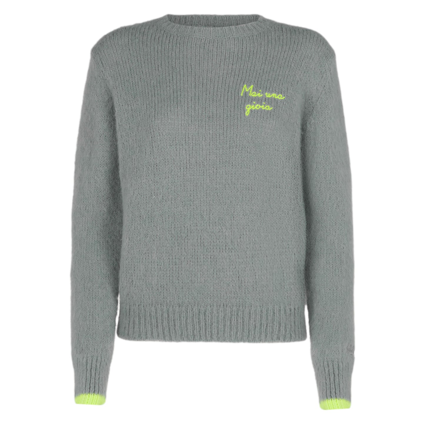 Woman grey brushed sweater with Mai una Gioia embroidery