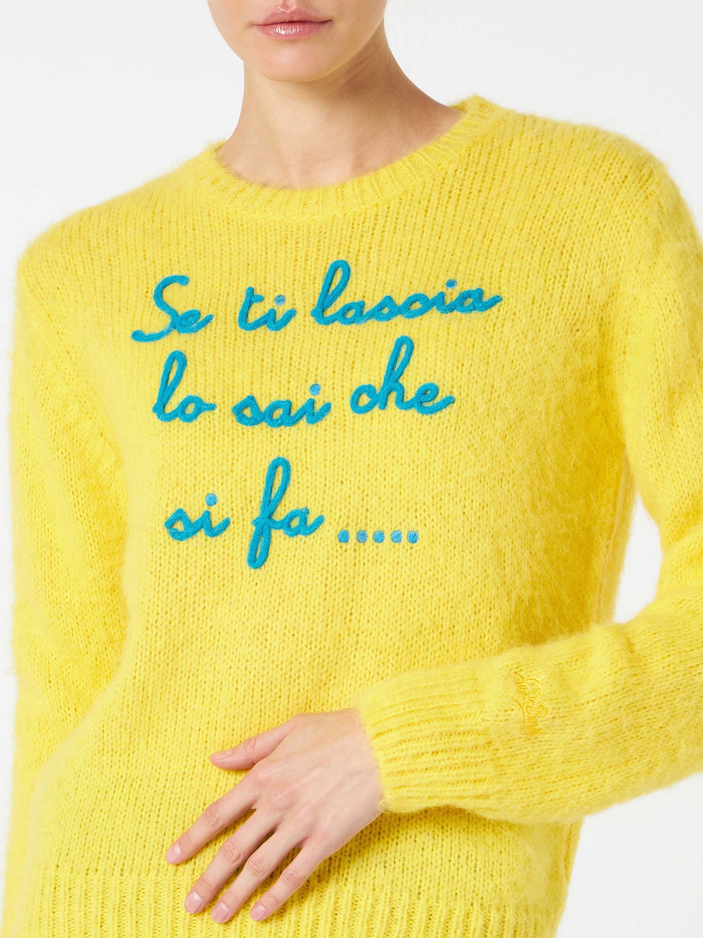 Maglione da donna garzato giallo con ricamo
