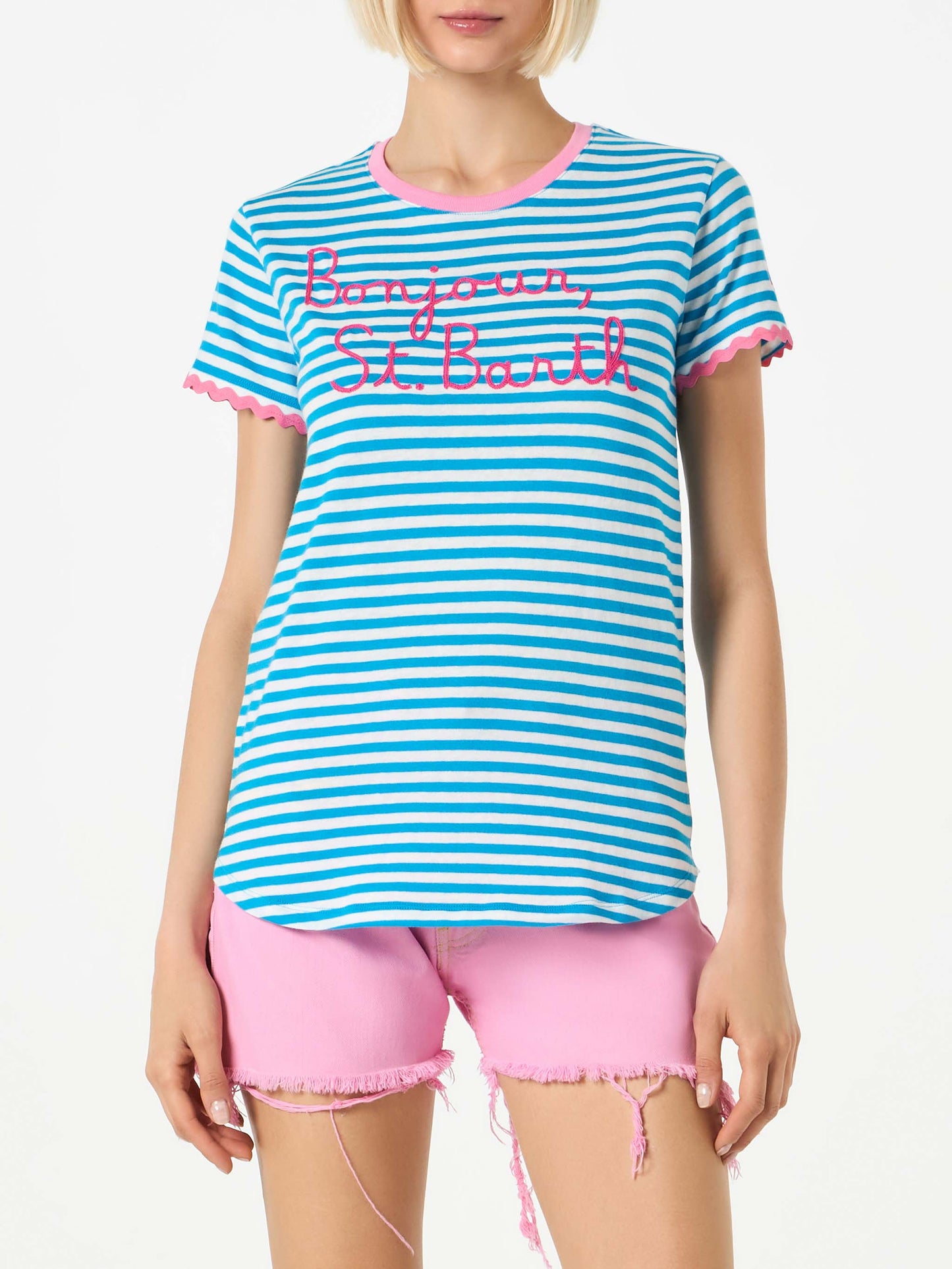 Woman cotton t-shirt with Bonjour St. Barth embroidery - MC2 Saint Barth