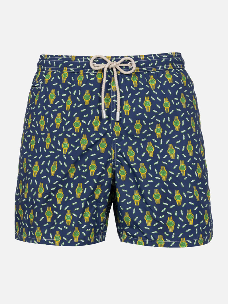 Man lightweight fabric swim-shorts Lighting Micro Fantasy with watches print