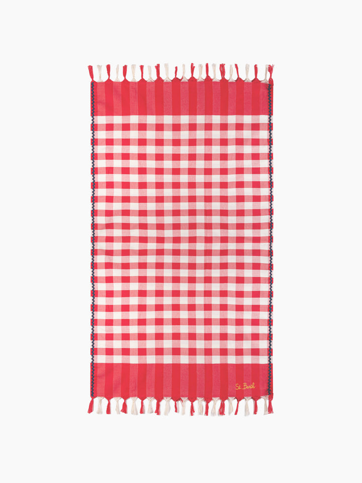 Fouta with navy blue wave trim and gingham print