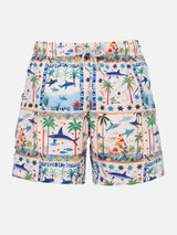 Man mid-length Gustavia swim-shorts with Egyptian shark print | AI CO-CREATED DESIGN BY RICKDICK - POWERED BY RED-EYE