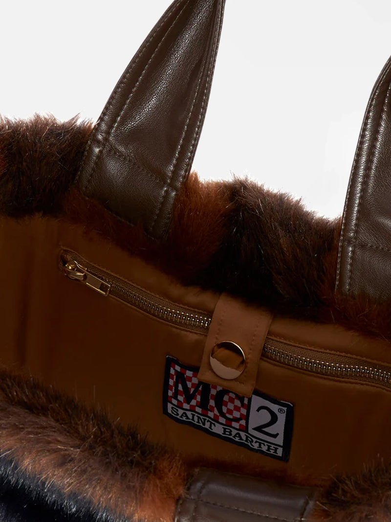 Brown check furry Flavea handbag