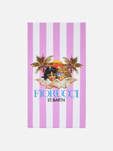 Bedrucktes Strandtuch aus weichem Frottee mit Streifen und Fiorucci-Engeln | FIORUCCI-SONDERAUSGABE