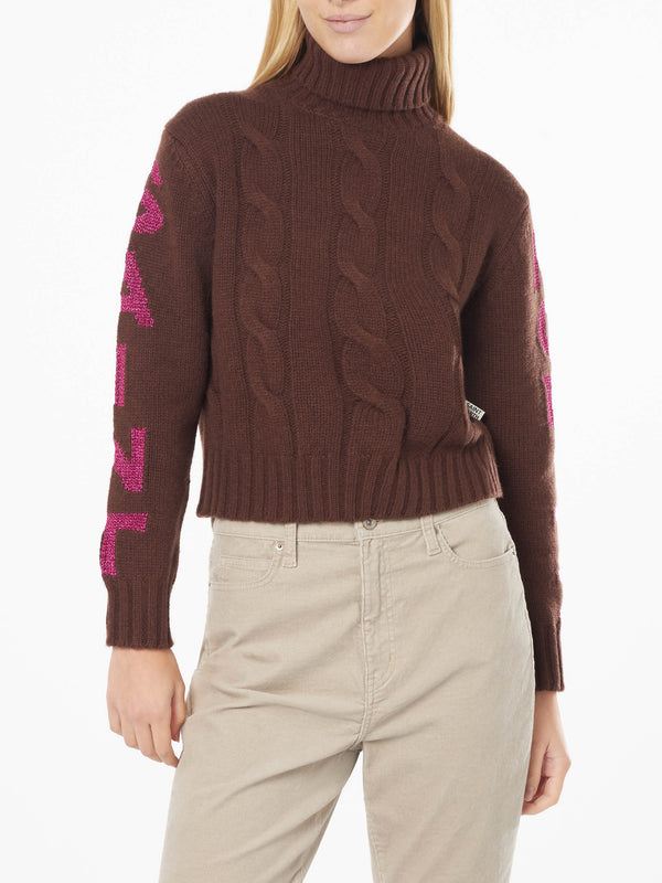 Woman turtleneck braided sweater with Saint Moritz jacquard print