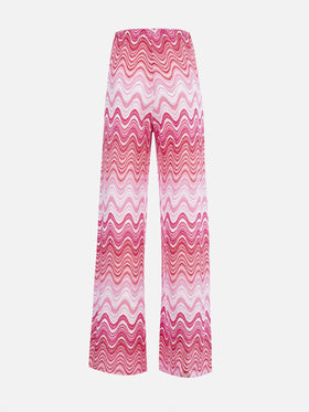 Pantalon rose femme à jambe large en maille raschel Amalia 
