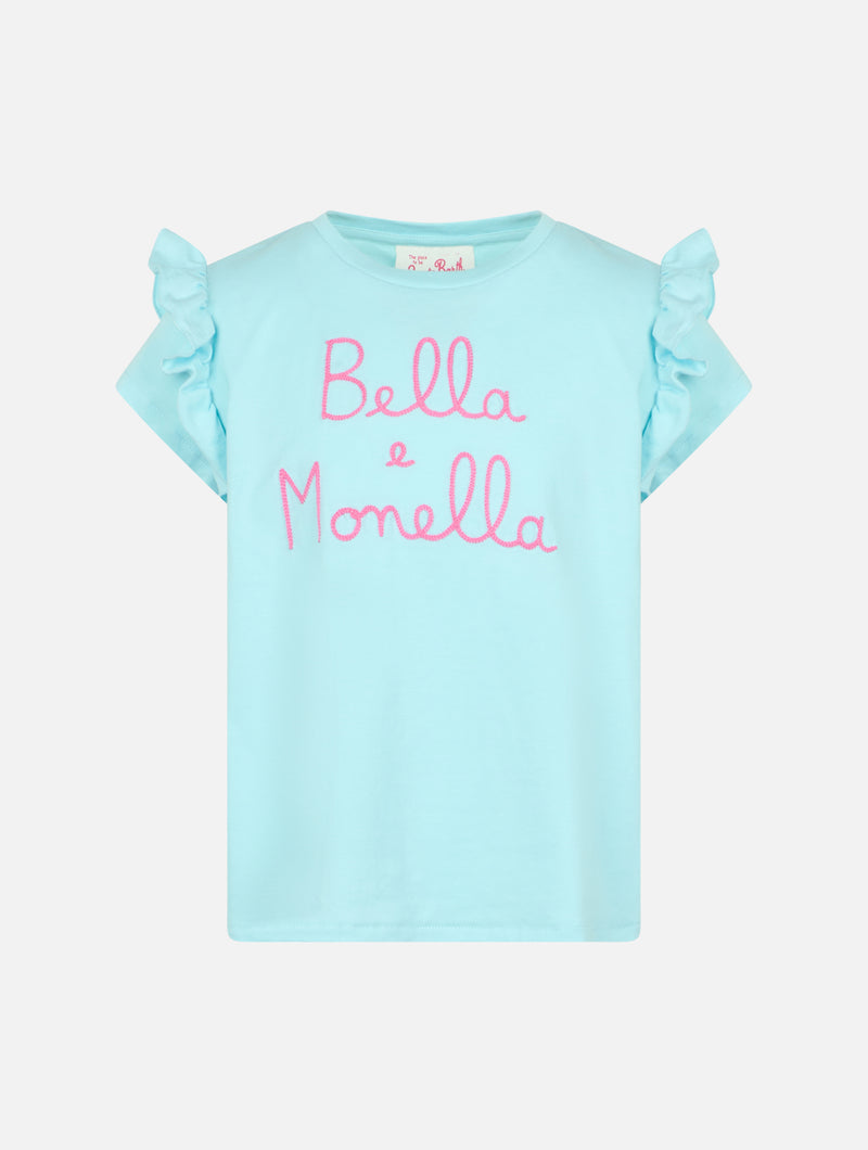 T-shirt da bambina in cotone con balza e ricamo