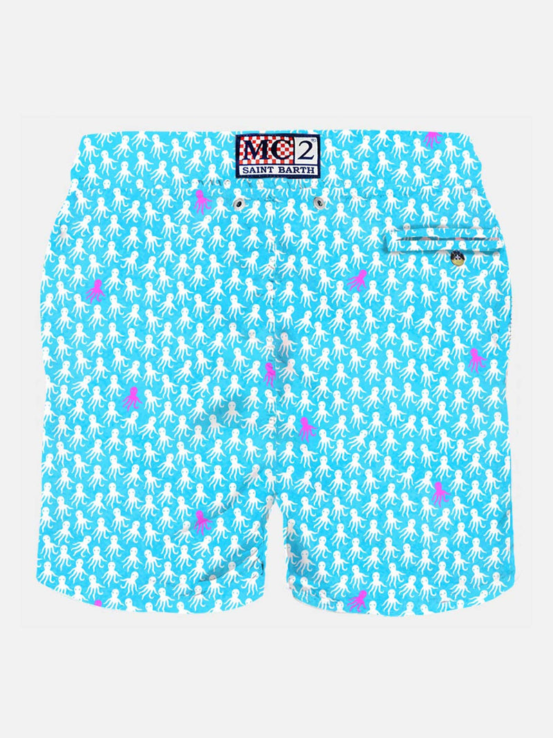 Herren-Badeshorts aus leichtem Stoff mit weißem und fuchsiafarbenem Oktopus-Print