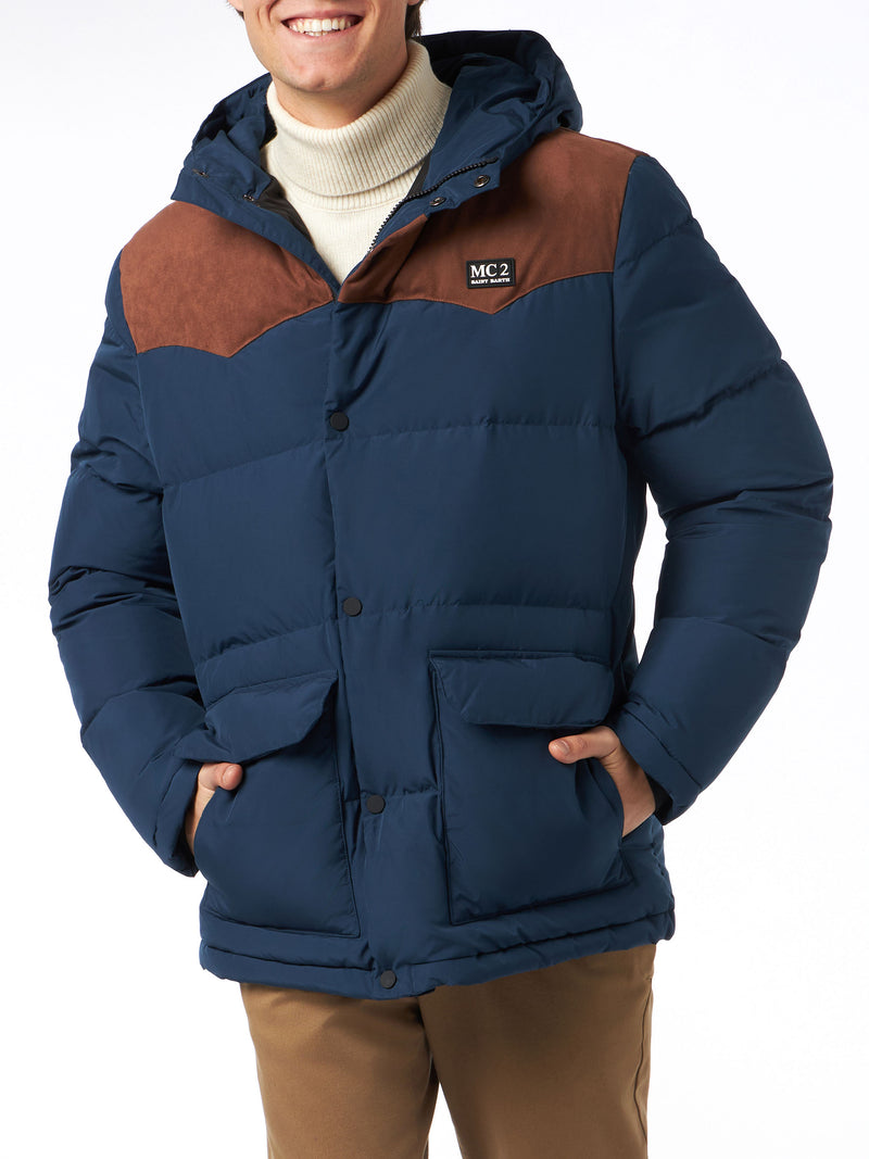 Man hooded down blue jacket