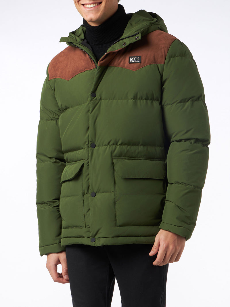 Man hooded down military green jacket