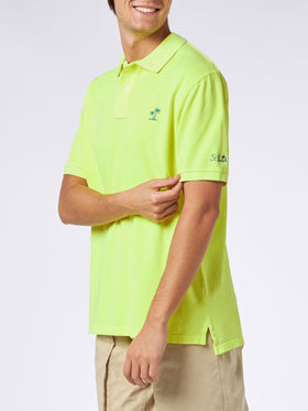 Man fluo yellow piquet polo with St. Barth logo and vintage effect