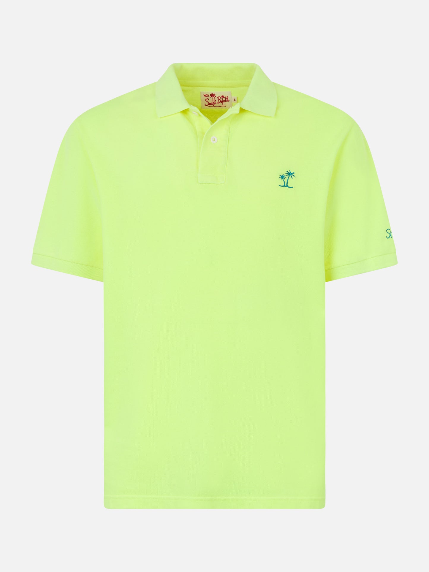 Man fluo yellow piquet polo with St. Barth logo and vintage effect
