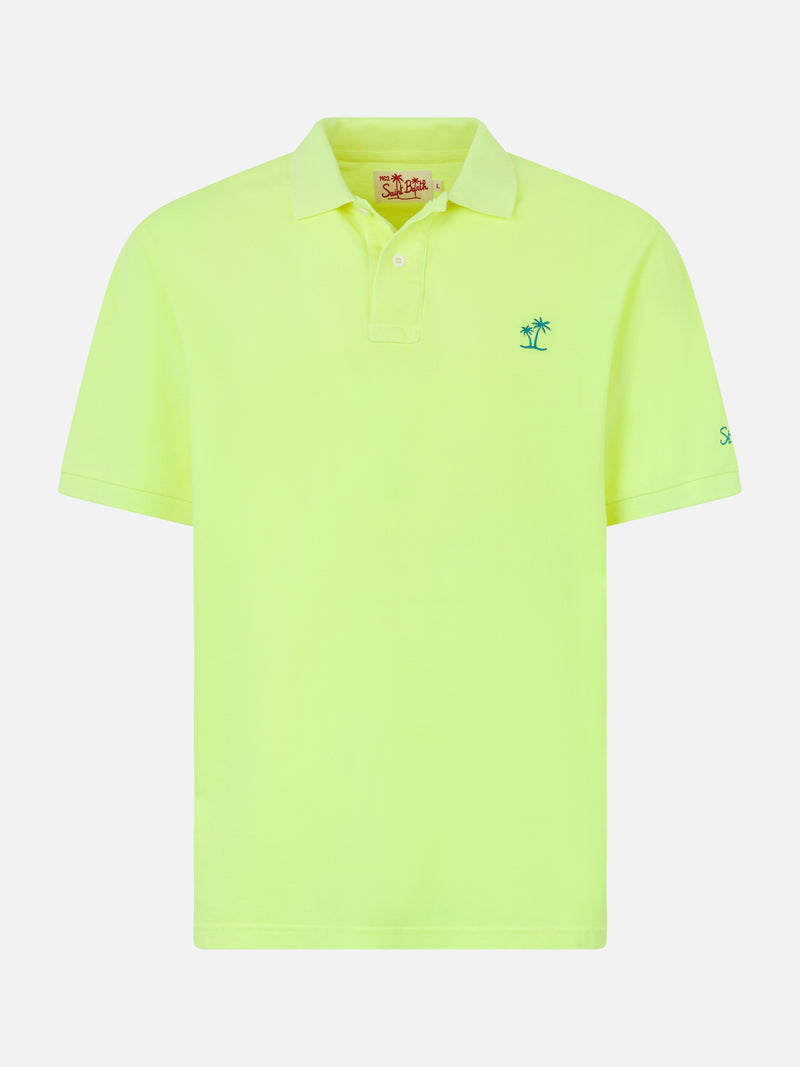 Herren-Poloshirt aus fluogelbem Piquet mit St. Barth-Logo und Vintage-Effekt