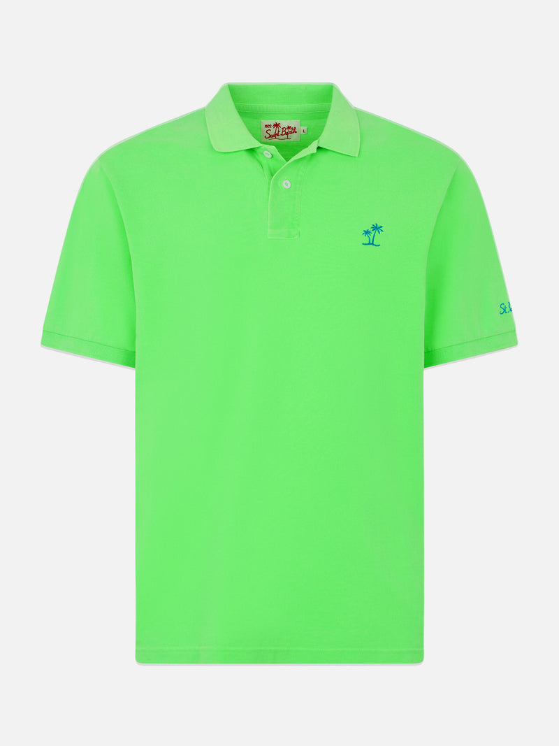 Herren-Poloshirt aus fluogrünem Piquet mit St. Barth-Logo und Vintage-Effekt