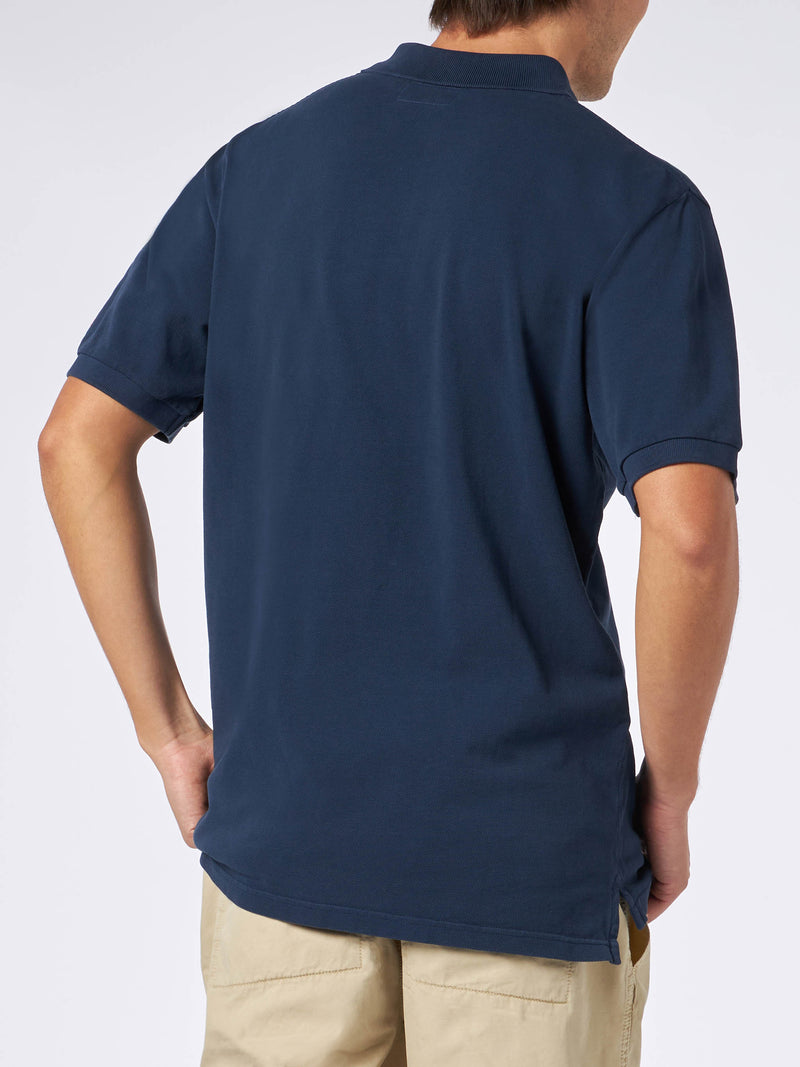 Polo da uomo in piquet blu con logo St. Barth ed effetto vintage