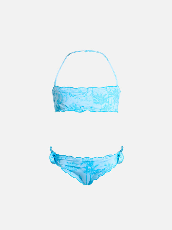 Bikini classico a fascia da bambina Emy con stampa toile de jouy