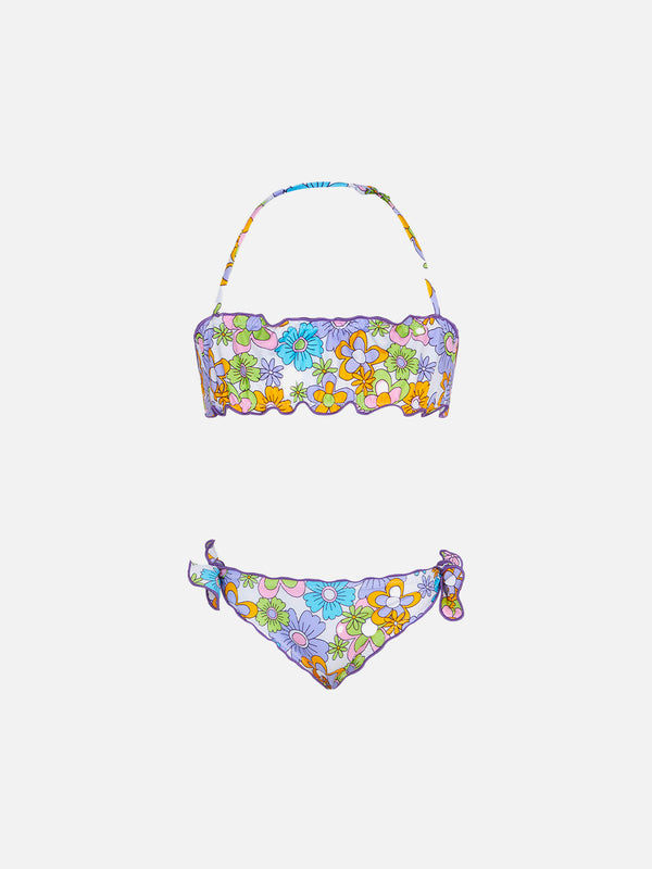 Bikini da bambina a fascia con stampa fiori multicolore