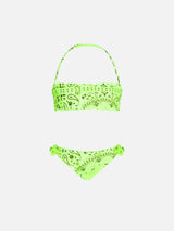 Girl bandeau bikini with fluo yellow bandanna print