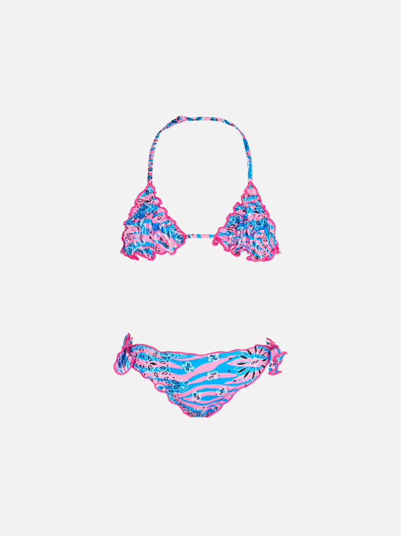 Bikini da bambina a triangolo con stampa bandana zebrata