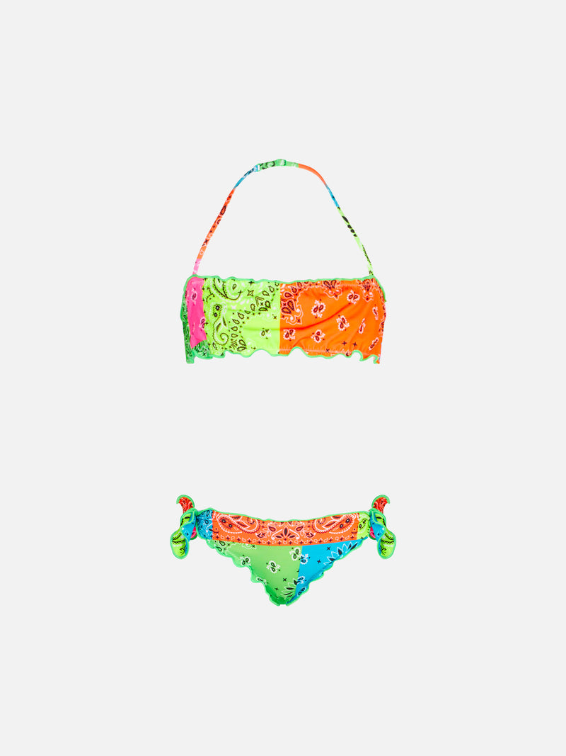 Bikini da bambina a fascia con stampa bandana fluo