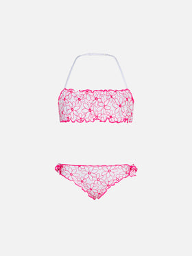 Bikini a fascia da bambina con ricamo margherite
