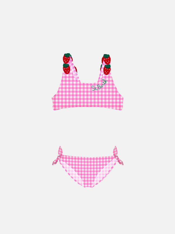 Pink vichy  print  girl bikini with strawberry applied