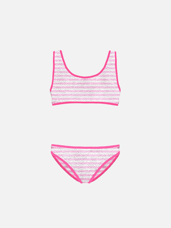 Girl striped crinkle bralette bikini with piping