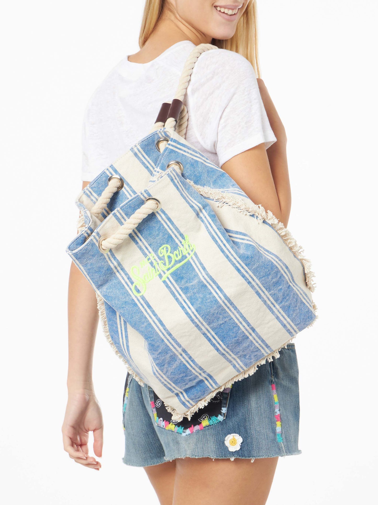 Boat canvas backpack with white and light blue stripes