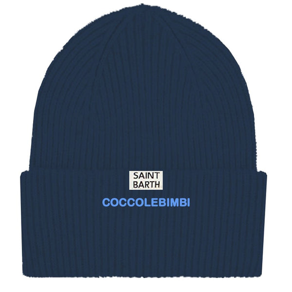 Kinderblaue, gerippte Mütze mit Coccole-Nuvole-Stickerei | COCCOLEBIMBI SONDERAUSGABE