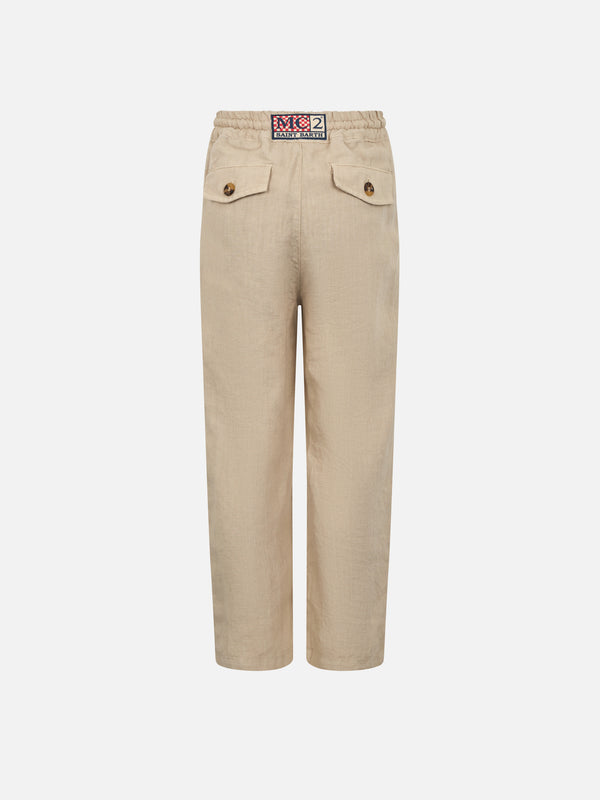 Pantaloni Calais Jr da bambino in lino beige con coulisse