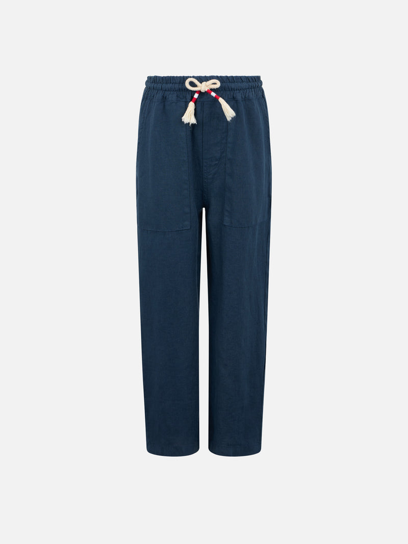 Pantaloni Calais Jr da bambino in lino blu navy con coulisse