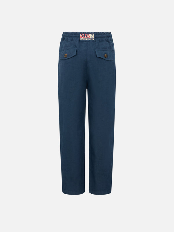 Pantaloni Calais Jr da bambino in lino blu navy con coulisse