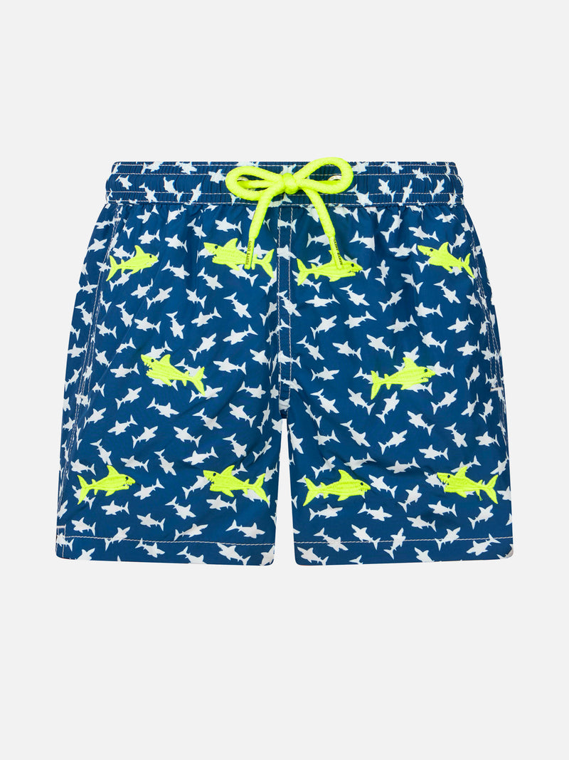 Boy lightweight fabric swim-shorts Jean Lighting with sharks embroidery