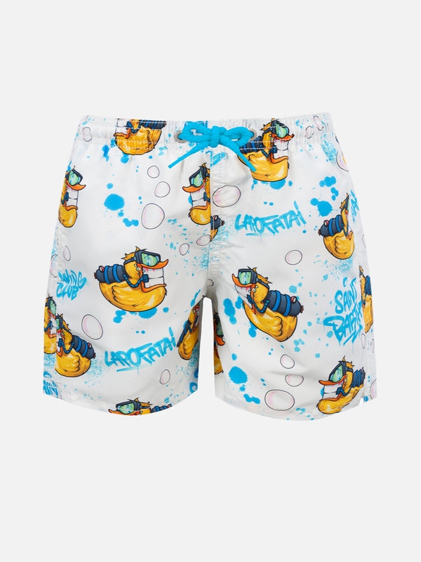 Boy mid-length Jean swim-shorts with Crypto Ducky print | CRYPTOPUPPETS SPECIAL EDITION