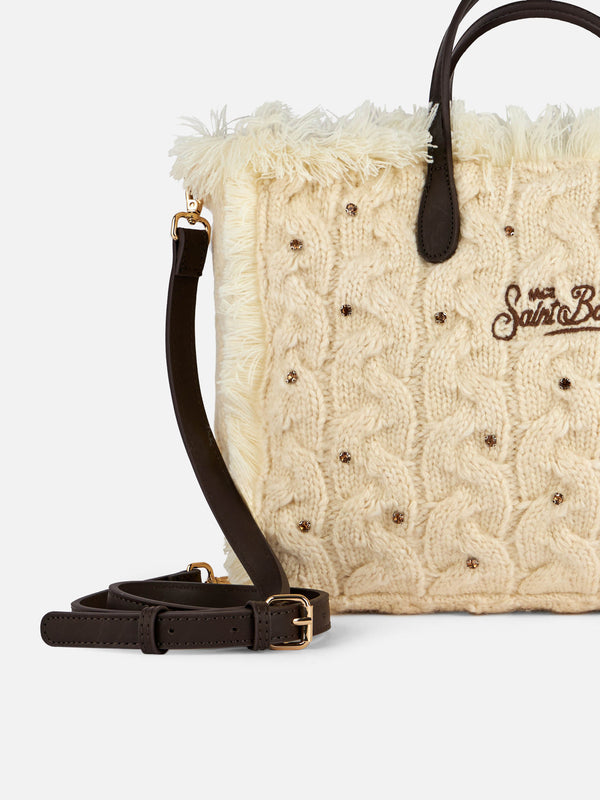 Braid tricot white Colette handbag with rhinestones and fringes