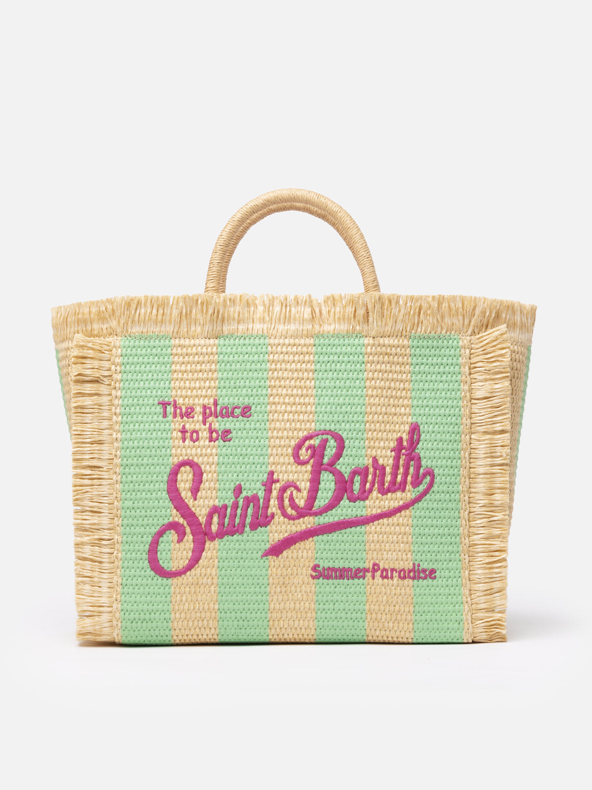 Borsa a mano Colette in paglia a righe verde acqua con ricami