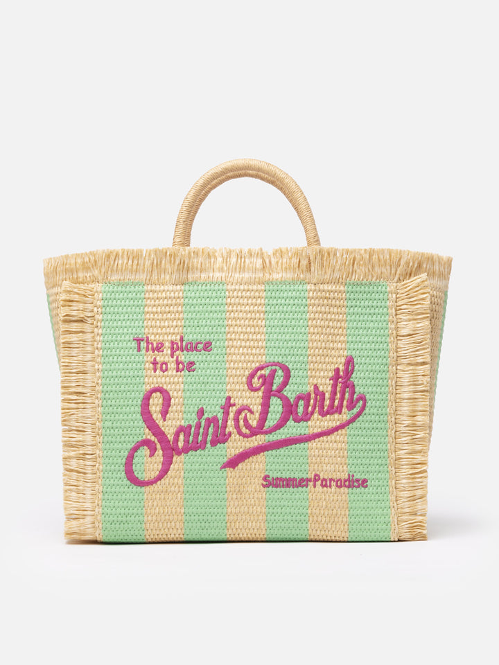Borsa a mano Colette in paglia a righe verde acqua con ricami