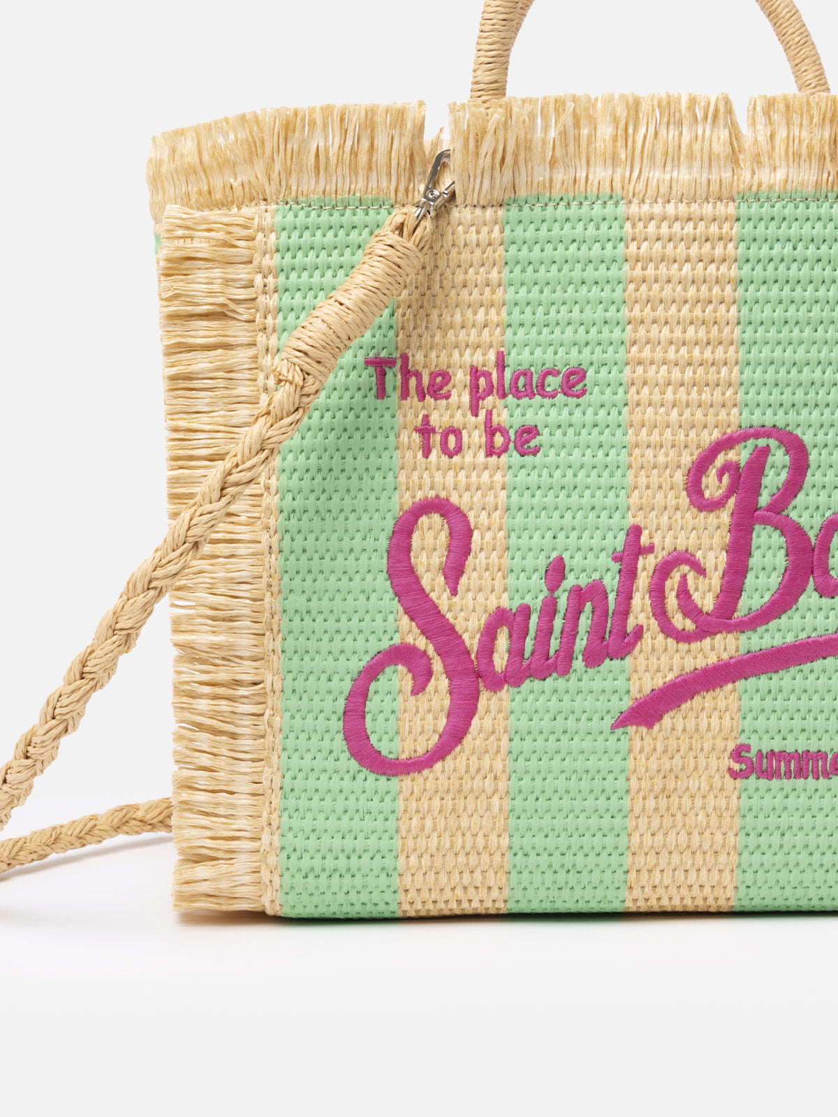 Borsa a mano Colette in paglia a righe verde acqua con ricami