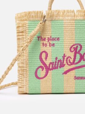 Borsa a mano Colette in paglia a righe verde acqua con ricami