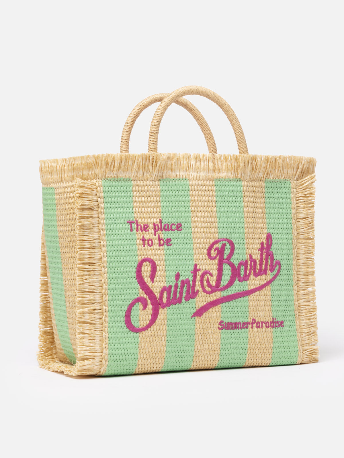 Borsa a mano Colette in paglia a righe verde acqua con ricami