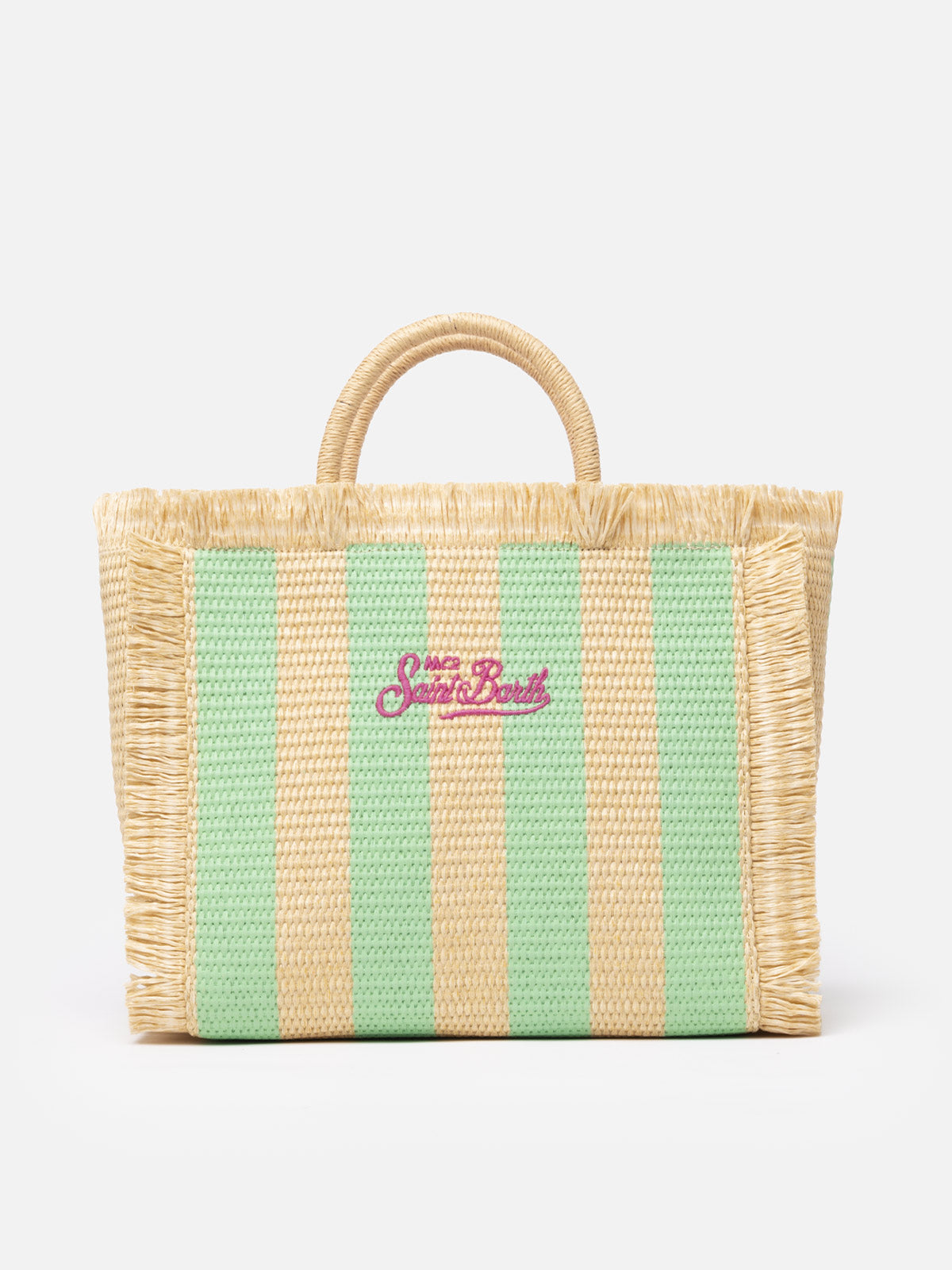 Borsa a mano Colette in paglia a righe verde acqua con ricami