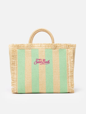 Borsa a mano Colette in paglia a righe verde acqua con ricami