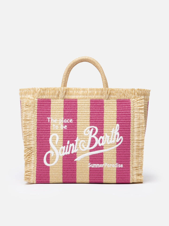 Borsa a mano Colette in paglia a righe fucsia con ricami