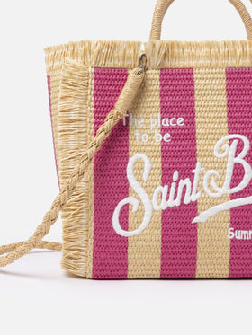 Borsa a mano Colette in paglia a righe fucsia con ricami