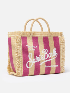 Borsa a mano Colette in paglia a righe fucsia con ricami