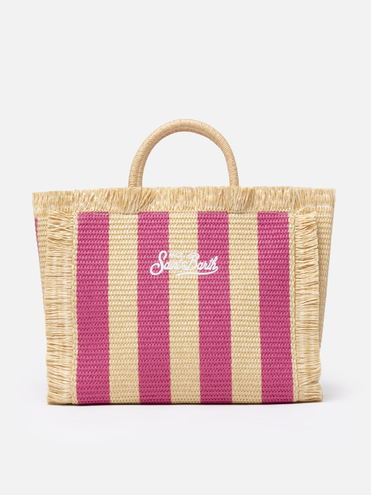 Borsa a mano Colette in paglia a righe fucsia con ricami