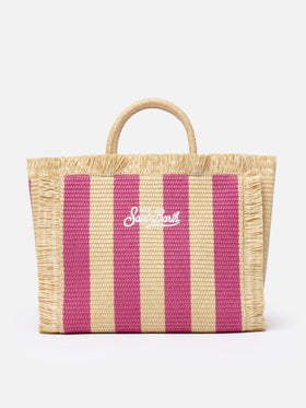 Borsa a mano Colette in paglia a righe fucsia con ricami