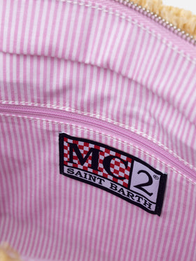 Borsa a mano Colette in paglia a righe fucsia con ricami