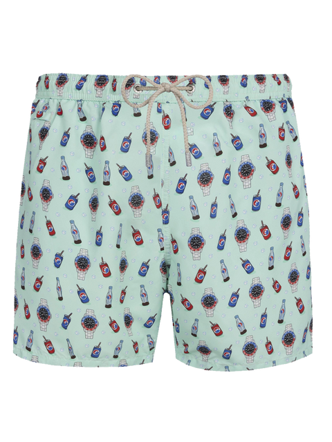 Man lightweight fabric swim-shorts Lighting Micro Fantasy with watches and drinks print - MC2 Saint Barth